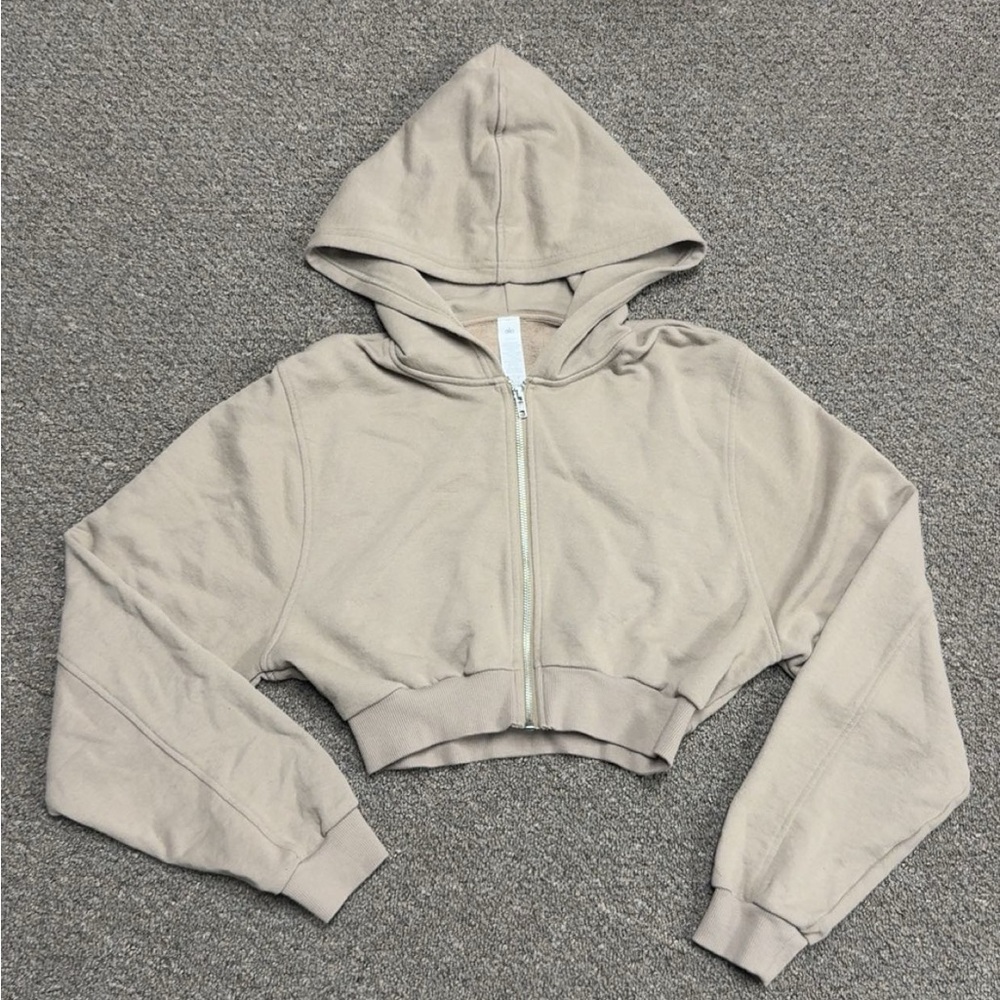 Alo Yoga Sweet Escape Zip Up Hoodie in Gravel - Picture 2 of 6